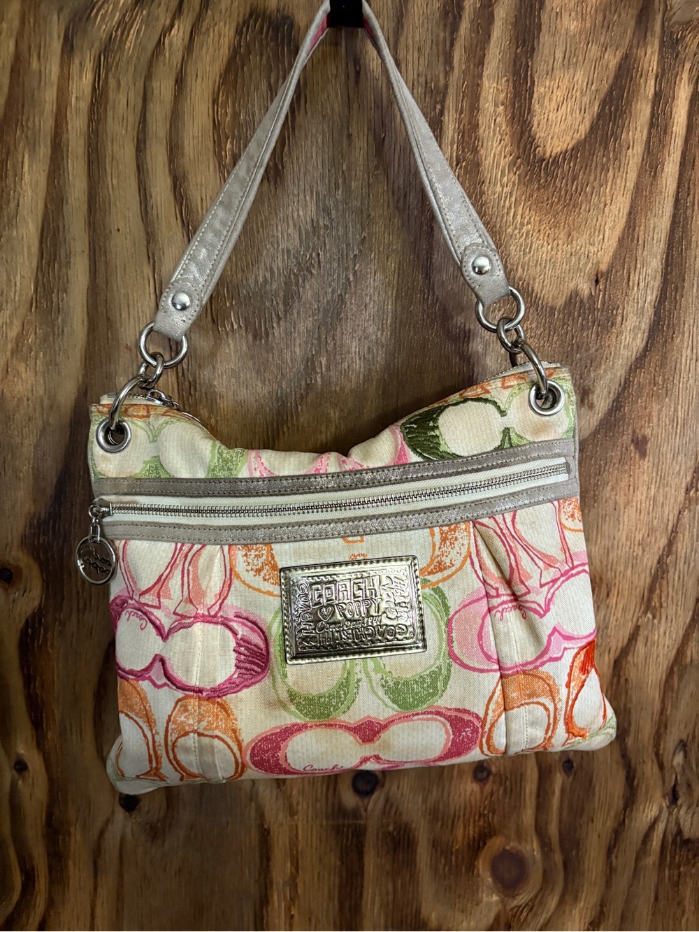 Coach Multicolor Pink Orange Green Signature Shoulder Bag with Metallic Trim